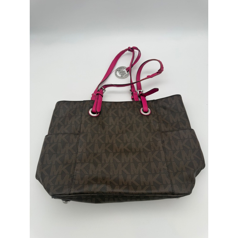 Michael Kors Voyager Brown Monogram Tote Bag Pink Trim Silver Hardware